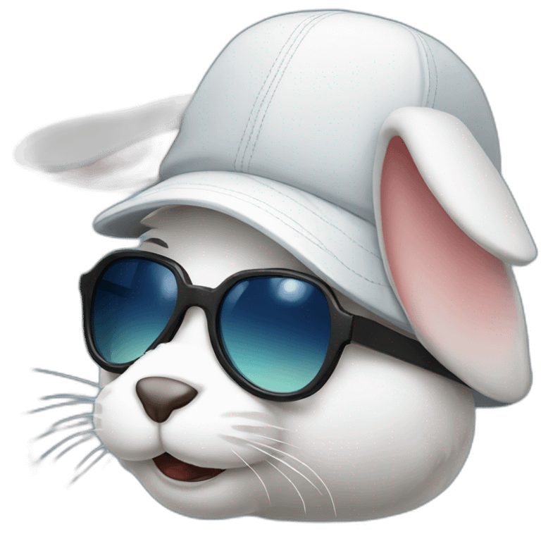 A rabbit in sunglasses and a baseball cap that shows he's famous emoji