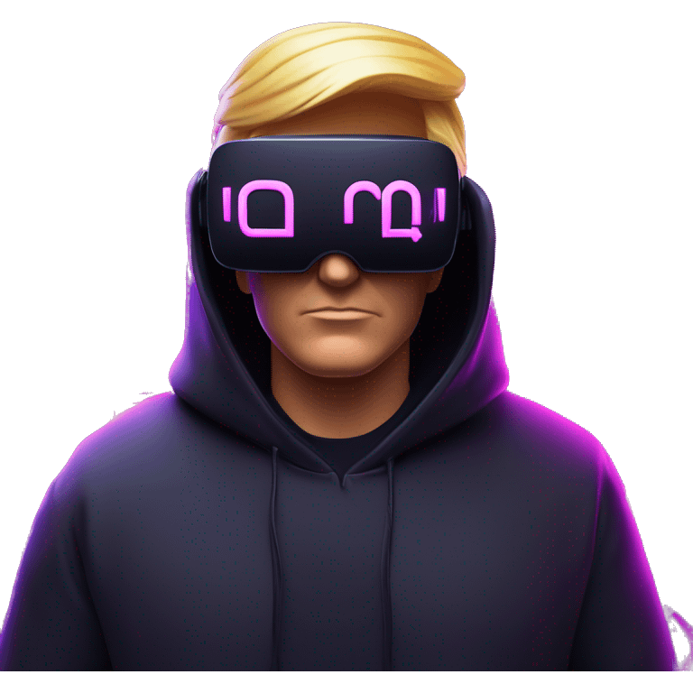 Donald Trump wearing a black hoodie with "OMG" letters on it and VR headset oculus quest 2 in a cyberpunk VR environment with violet neon lighting. emoji