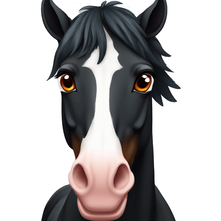 a black horse with a white stripe on its nose and red strands in its mane emoji