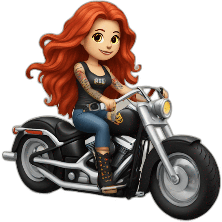 A pretty long red haired girl with a lots of tattoos riding a Harley motorcycle emoji