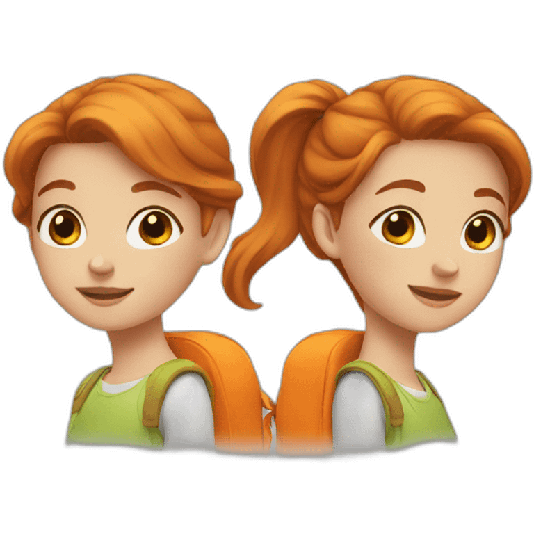 two young girls, one with brown hair and two orange hair emoji