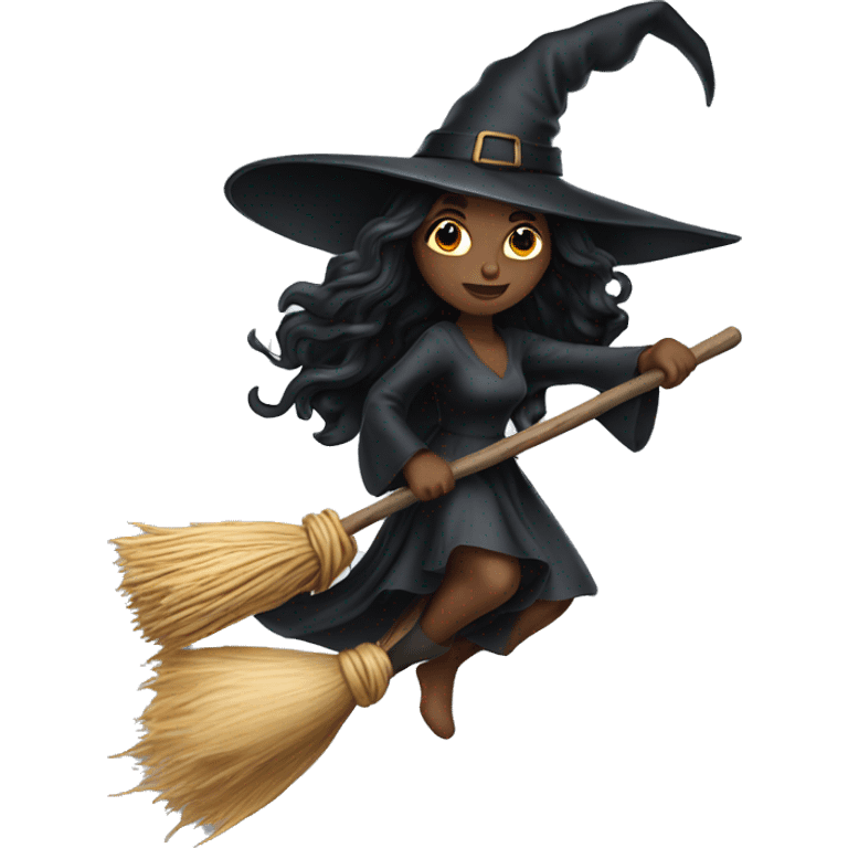 black long hair witch flying on a broom white skin emoji