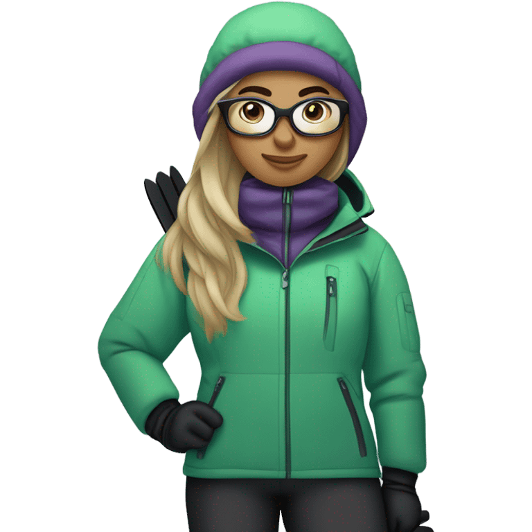 chubby female skier with long straight hair, green eyes, glasses, grey purple snow jacket, long black pants, black only snow boots and black skis looking cool. emoji