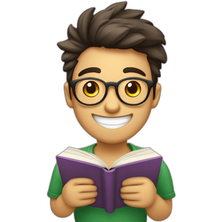 joven estudiante con todossus libros que son muchos, de piel blanca muy feliz y sonriente con un libro en sus manos  emoji