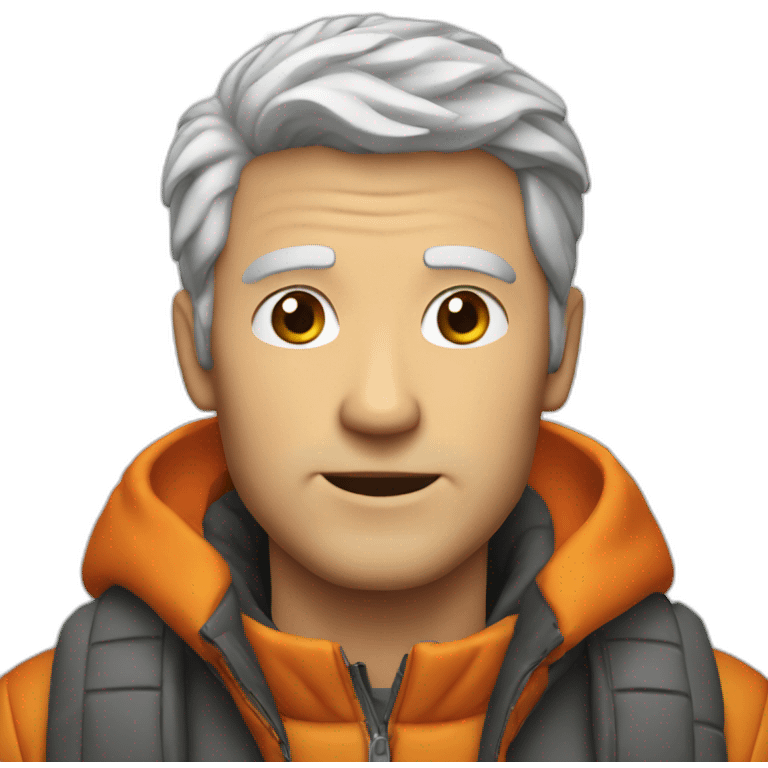 young gray-haired white man with an orange down jacket emoji