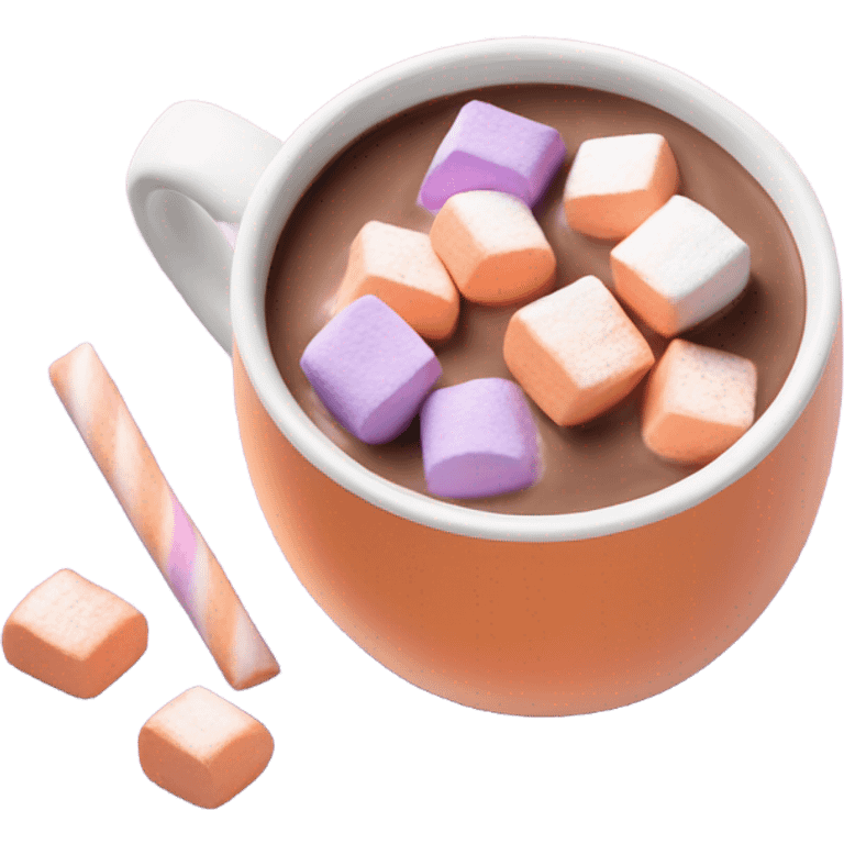 Light orange pastel mug of hot chocolate with violet pastel marshmallows  emoji