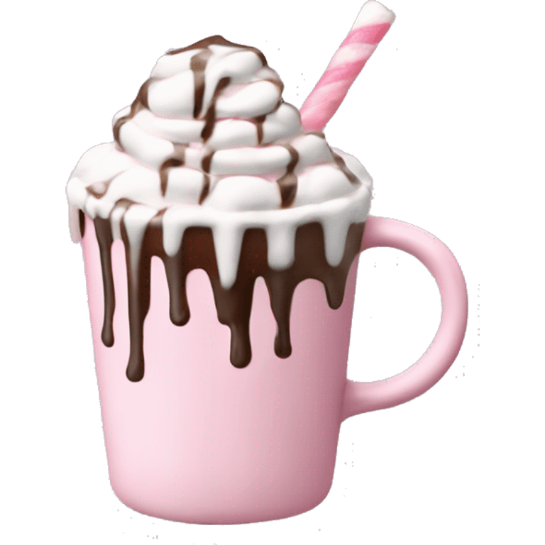 hot chocolate with mug and whip cream and chocolate drizzle and pale pink strawberry and marshmellows emoji