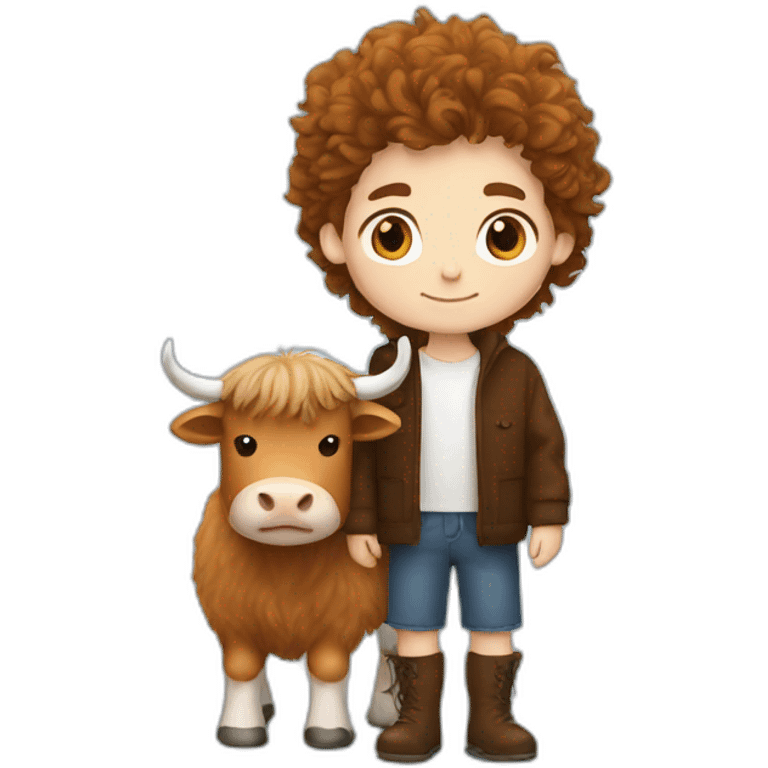 White brunette boy with fluffy highland cow emoji