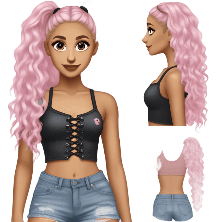 Ariana grande wearing a Shakira lace up croc top and short jeans and pink highlights  emoji