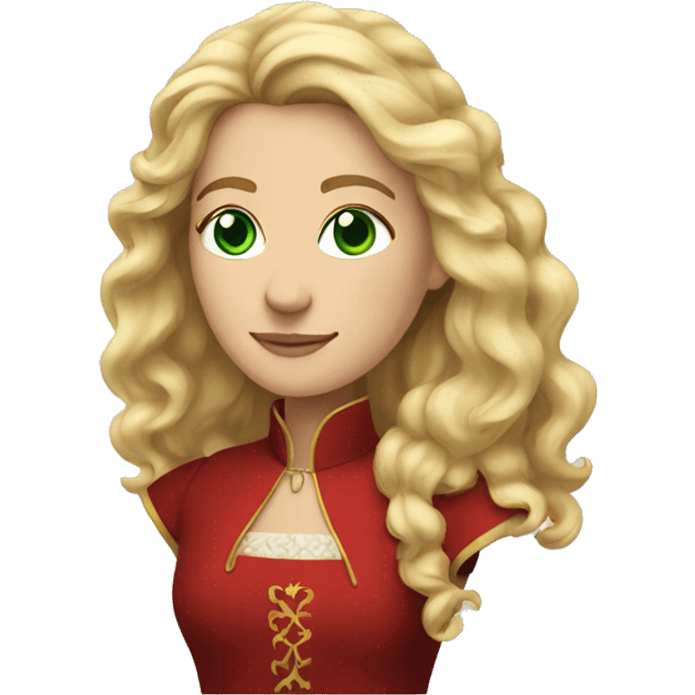 Woman with wavy blonde hair, green eyes and red medieval dress emoji