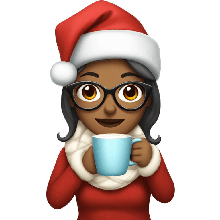 Women with glasses and a Christmas hat drinking hot chocolate emoji