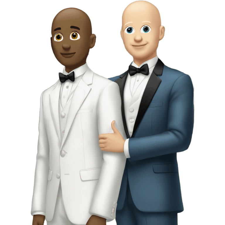 Two twin bald white men going to prom together posing with one of them behind and holding the one in front  emoji