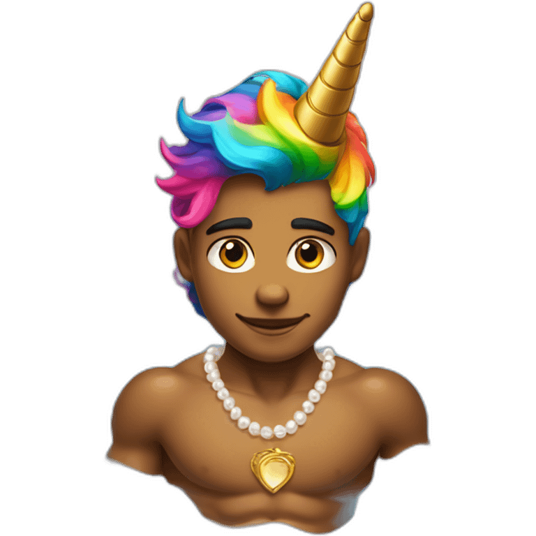 posh-muscle-boy-with-pearl-necklace-and-rainbow-unicorn-hair-in-golden-bathtub emoji