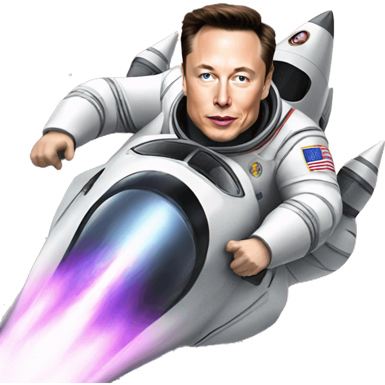 Elon Musk riding on top of a flying space rocket emoji