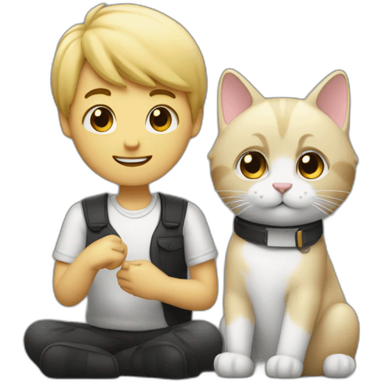 a blond man who makes a heart with his hands and sits next to a black and white cat emoji