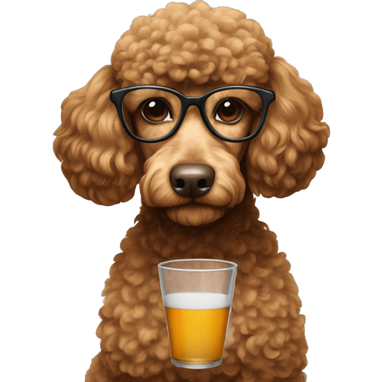 Brown poodle with glasses reading and drinking emoji