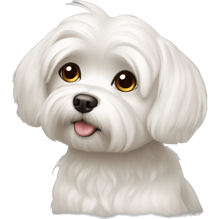 Maltese dog with a little brown hair and a blog nose emoji