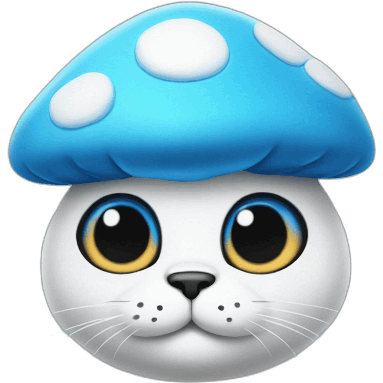 Blue smurf cat face with black eyes wearing a large white mushroom on his head emoji