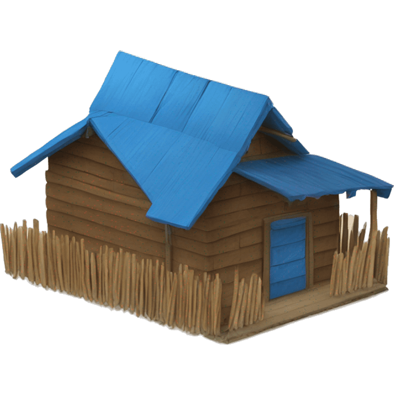 Ranch made of blue painted wood and a roof made of dried palm leaves emoji