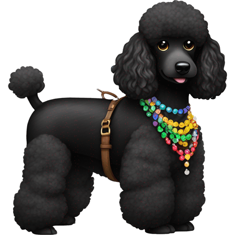 One Small Black Poodle with one  colorful bead necklaces with brown harness emoji