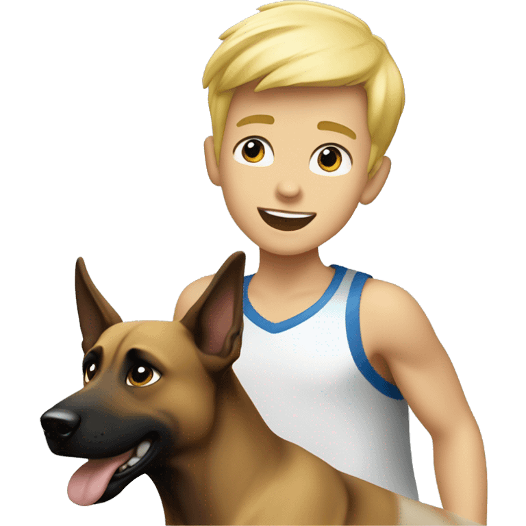 blond boy with blue eyes running with his malinois dog emoji