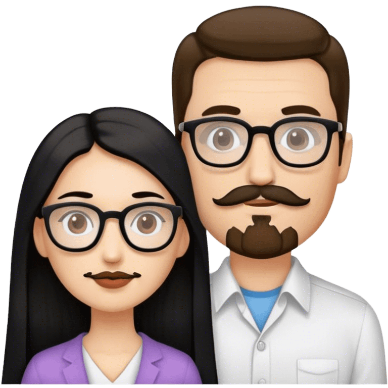 couple, Tall white man brown mustache goatee, and small woman long black hair square glasses emoji