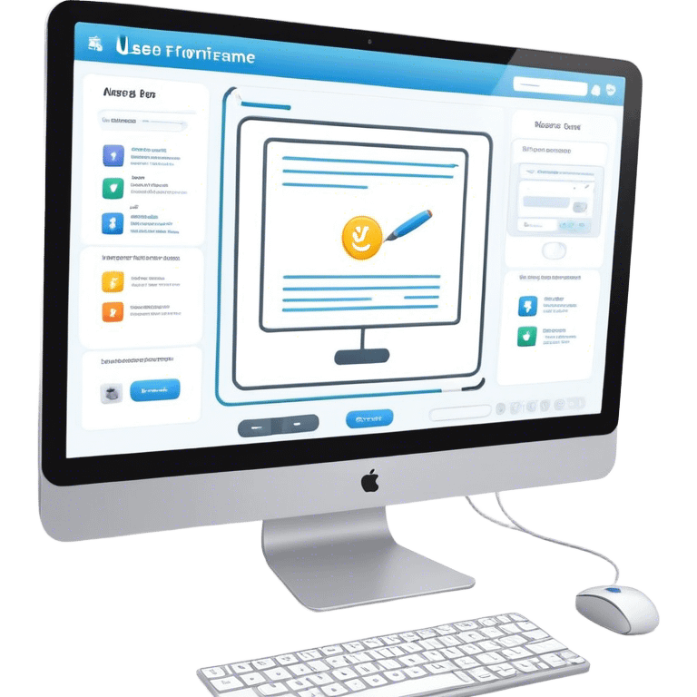 Create an emoji for UX/UI design. Show a computer screen displaying a wireframe or user interface design with buttons, icons, and text fields. Add design tools like a cursor or stylus. Use modern, professional colors. Do not include any emojis or smiley faces. Make the background transparent. emoji