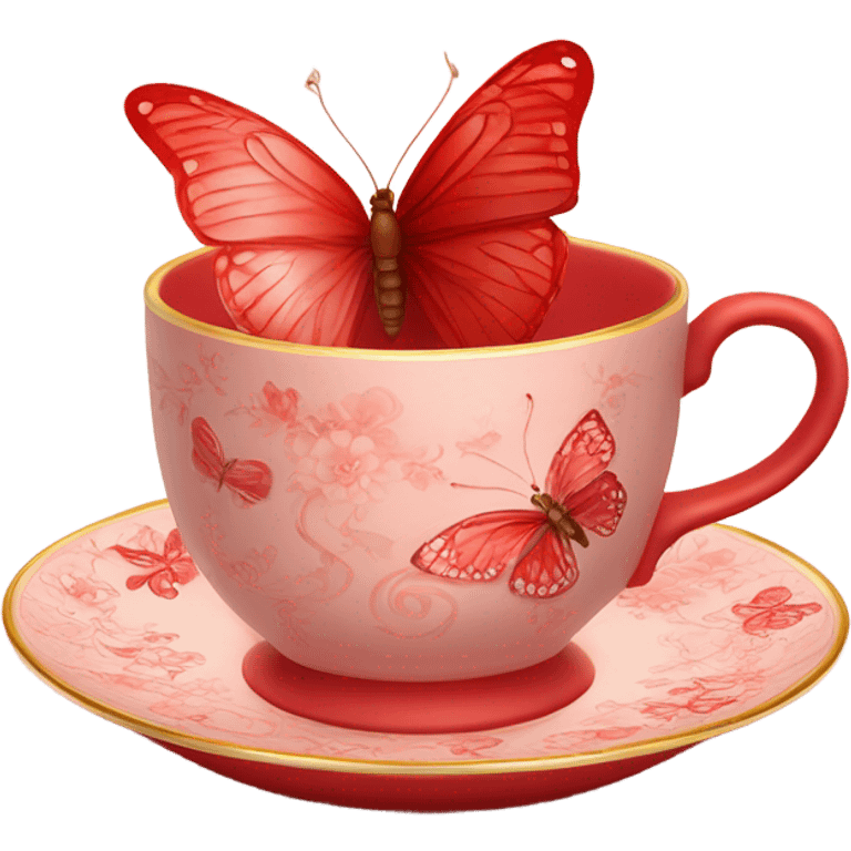 A delicate red butterfly with pastel red wings, resting on the edge of a light red porcelain teacup adorned with intricate floral patterns. emoji