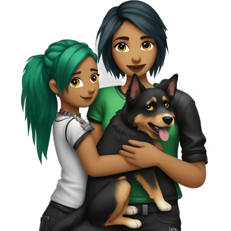 punk girl with green and black hair hugging a german shepard dog and an australian shepard dog emoji