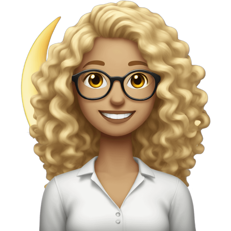 A woman with curly blonde hair and glasses, wearing a white shirt, smiling brightly, sitting on a round moon emoji