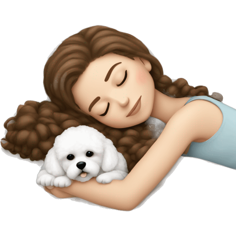 White girl brown hair sleeping with Mini Bichon emoji