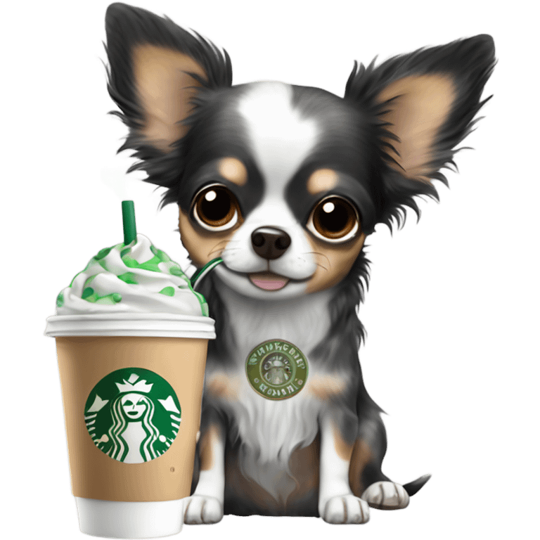 Black dapple fluffy Merle long hair chihuahua drinking Starbucks  emoji