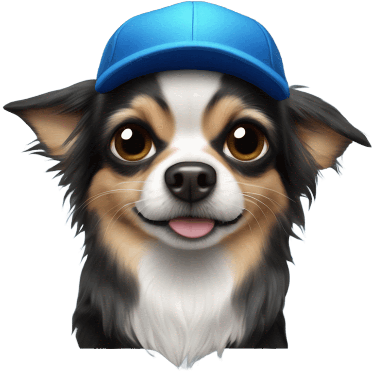 all black long haired Chihuahua held by old man with blue eyes goatee in ball cap emoji