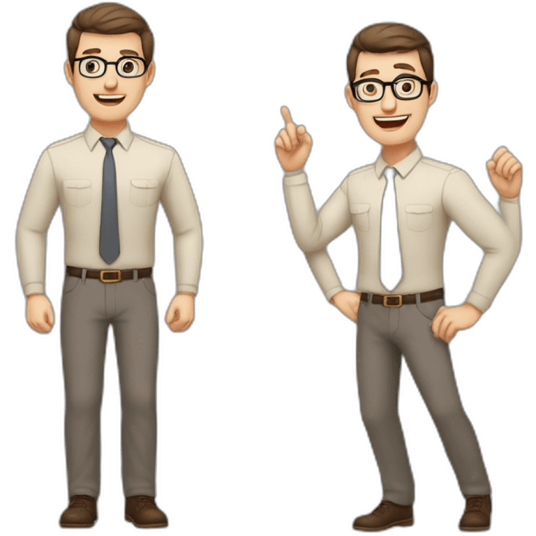 To belt Actively gesturing with hands Pale skinned fit man with dark brown hair in gray jacket, beige office shirt, brown tie, brown pants and vintage glasses. emoji