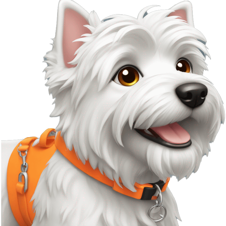 A Westie dog smiling with a neon orange collar emoji