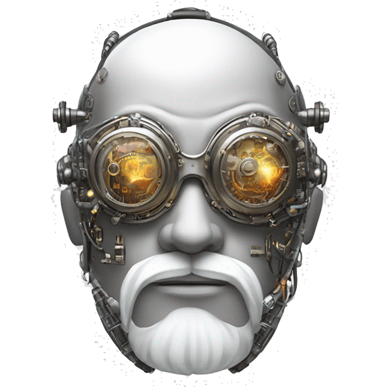 Bald cyborg head with silver steampunk goggles, white beard and circuits emoji