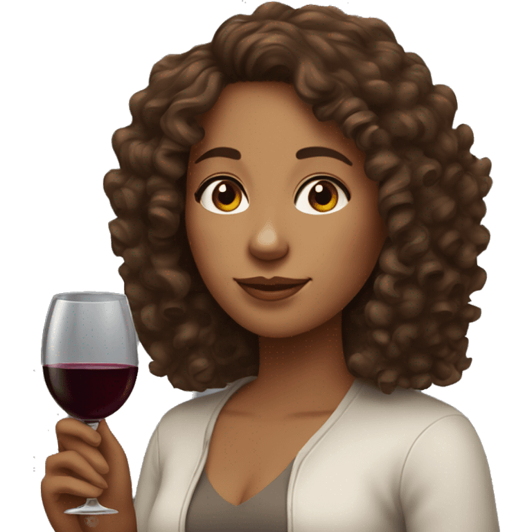 Woman with curly brown hair, brown eyes with a glass of red wine emoji