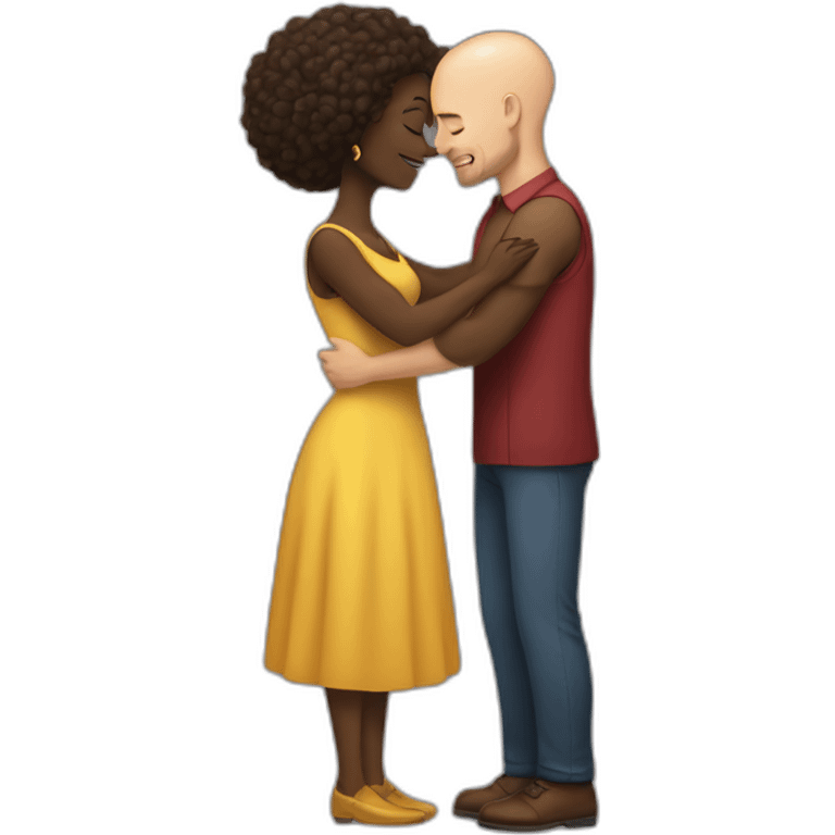 a hug from a black woman in a tight dress to a white man with no hair and a beard emoji