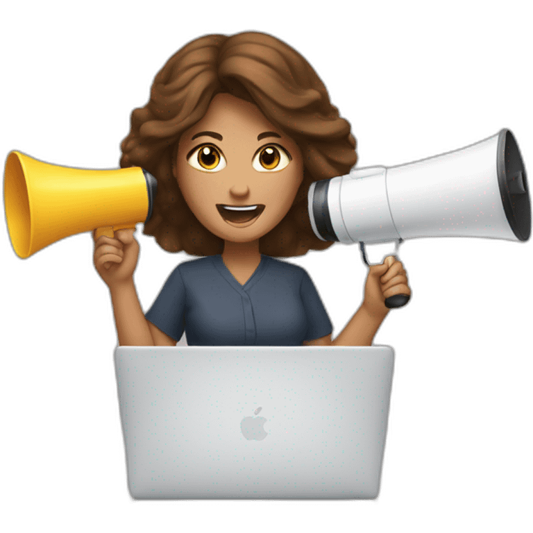 a woman WITH A MEGAPHONE and a macbook, brown hair emoji