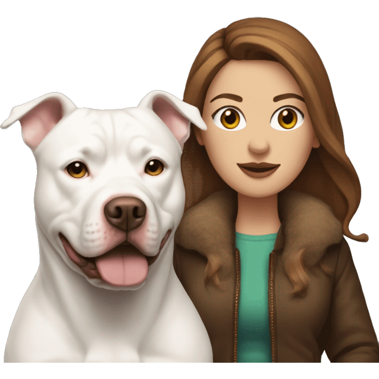 white woman with long brown hair in a furry jacket standing alongside a white pitbull emoji