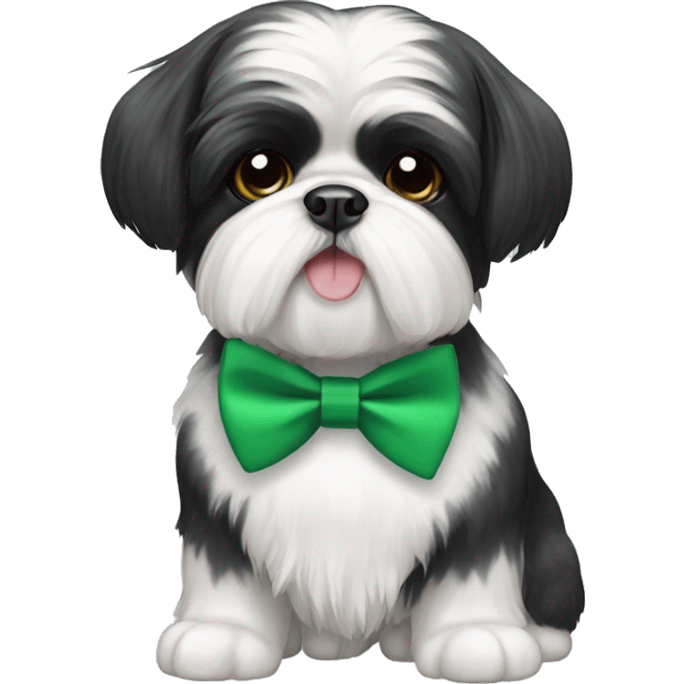 Mostly Black and white Shih Tzu wearing a green bowtie  emoji