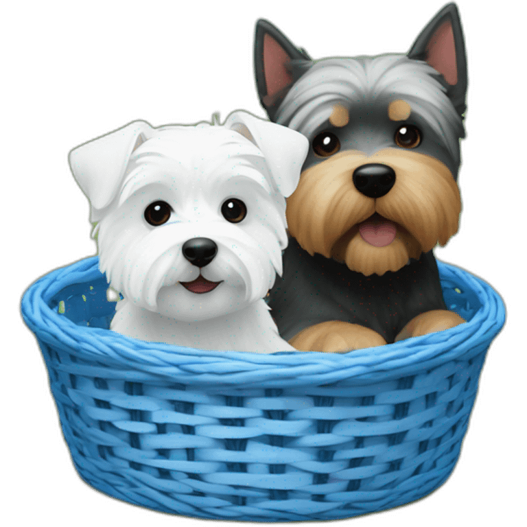 West Highland white terrier and fat dark blue dog in way too small dog basket emoji