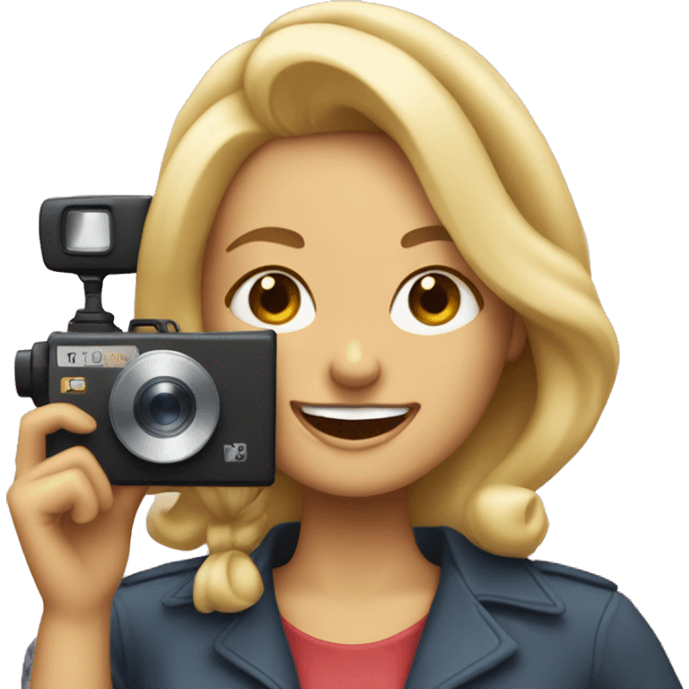 Blonde woman whose teeth show when smiling wearing a beret and holding a movie camera emoji