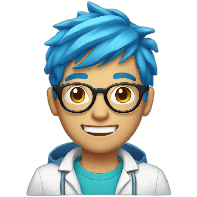 A boy with blue hair, round glasses and a dental appliance behind a computer emoji