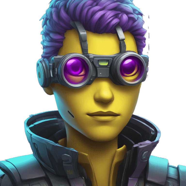 Secret human yellow emoji face agent with  cyberpunk elements with a spyglass scanning looking reviewing multicolor lines of code, cyan and purple colors, only upper body portrait emoji