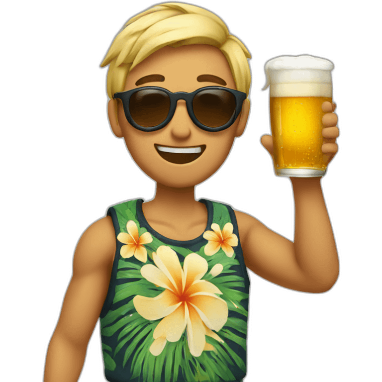 Japanese wearing roundglasses alohashirt is holding beer emoji