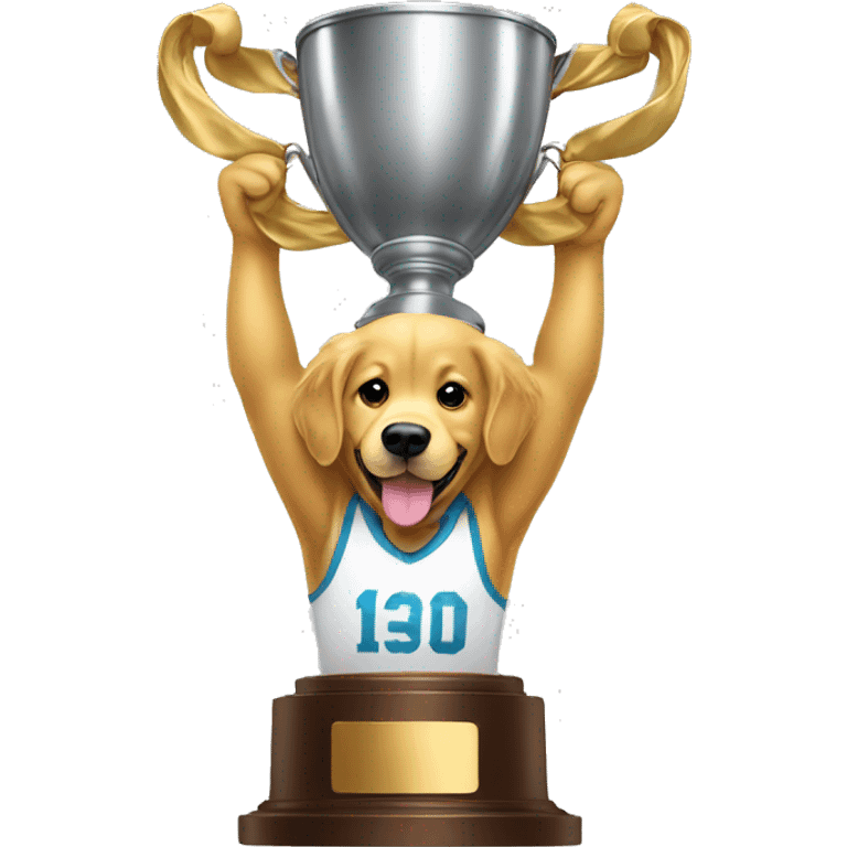 A golden retriever, lifting a trophy emoji