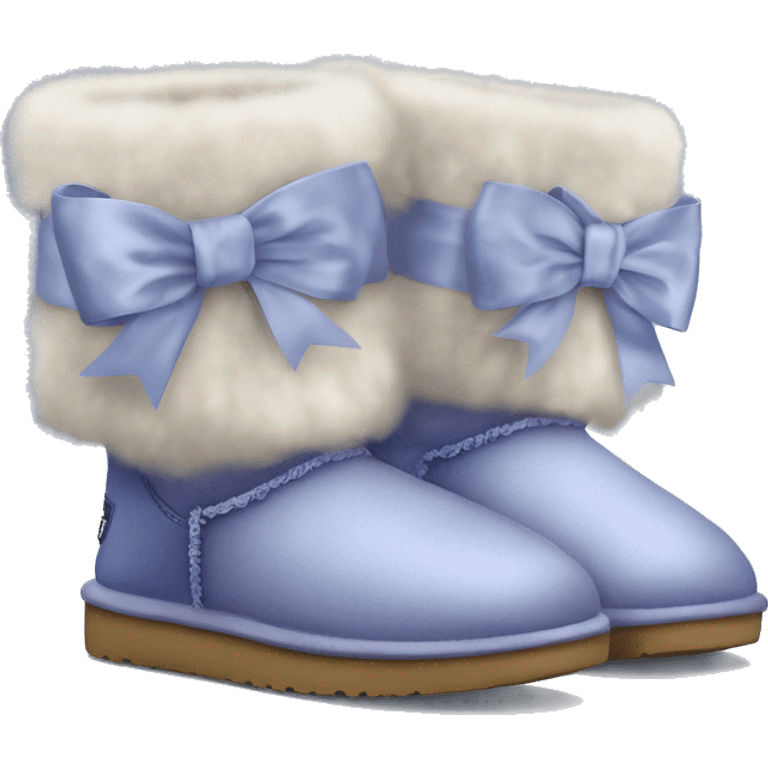 Realistic pair of periwinkle Ugg fur boots with silk ribbon bows. emoji