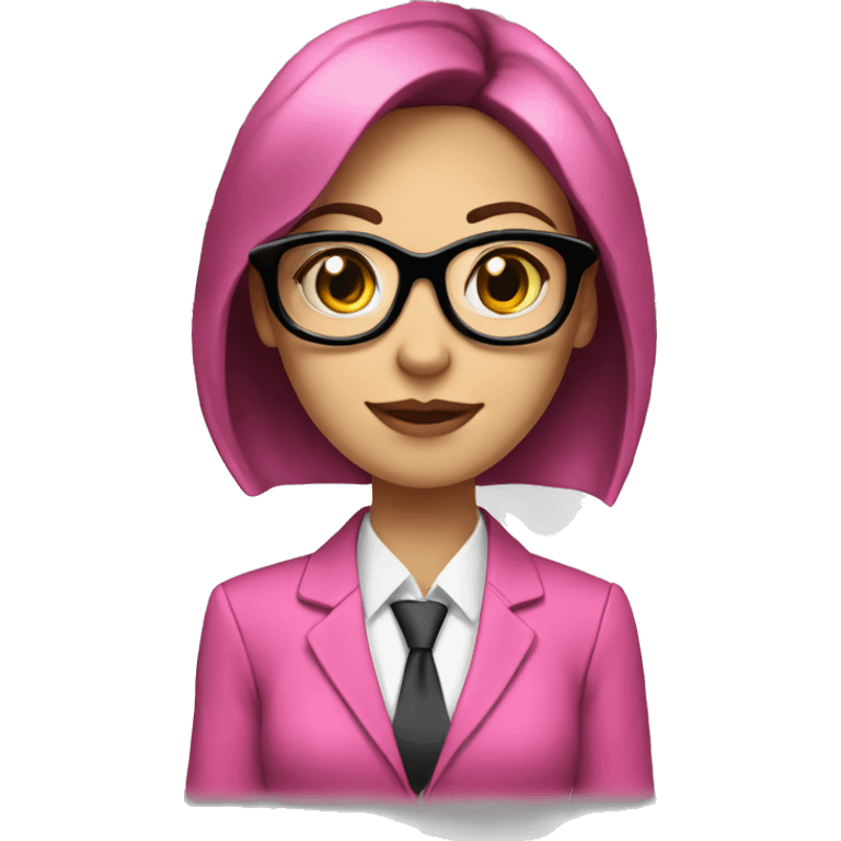 white skin female with glasses, pink suit, dark hair, with the laptop with currency signs around her, full face, frontal emoji