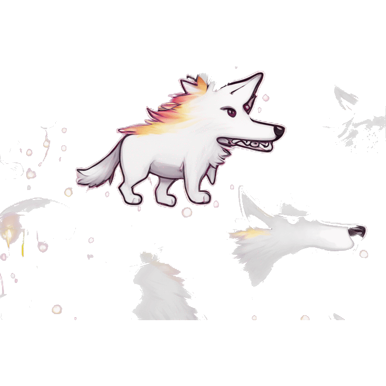 Sparkling crazy white snarling aggressive wolf dancing snow mad big eyes illustration doodle high contrast lightning bolt halo sun beams white pink yellow red party sparkle glitter emoji